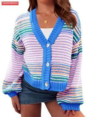 Saodimallsu Color Block Cardigan Oversized Cropped Sweater